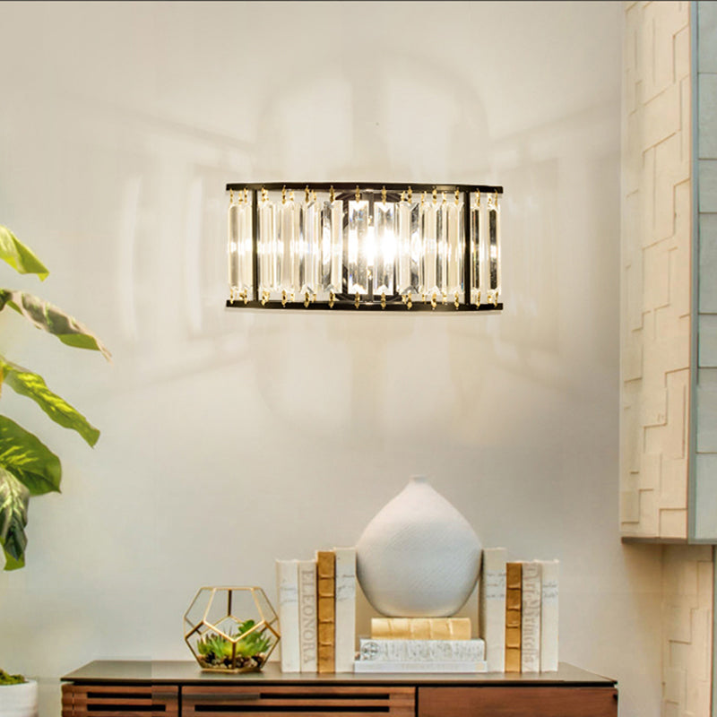 Contemporary Black/Gold Wall Lighting: Clear Crystal Half Cylinder Lamp With 1 Light