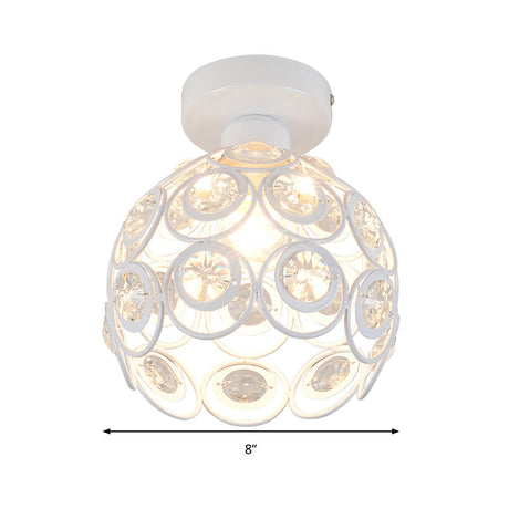 White/Black Domed Flush Mount Light With Crystal Bead Accent - Modern Metal Ceiling For Kitchen