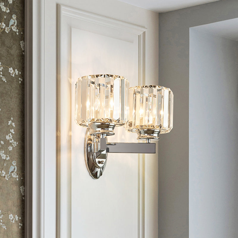 Cylindrical Crystal Wall Sconce With Vintage Chrome Finish - Set Of 2 Bulbs