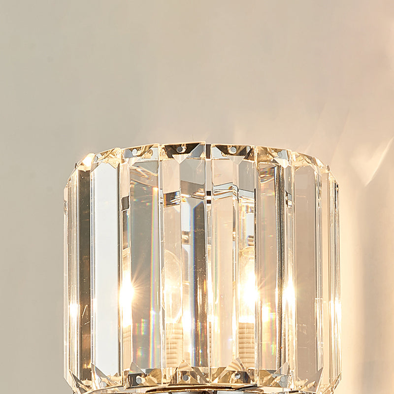 Cylindrical Crystal Wall Sconce With Vintage Chrome Finish - Set Of 2 Bulbs