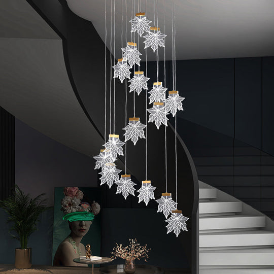 Acrylic Gold Led Pendant Lamp With Maple Leaf Cluster Design For Staircases