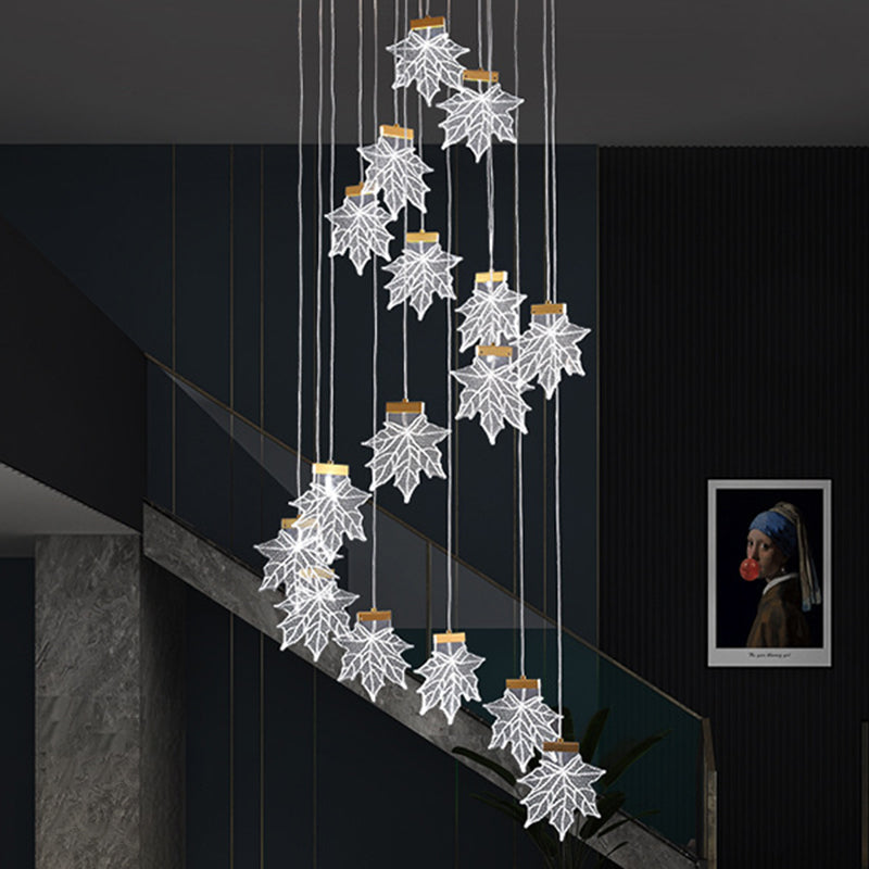 Acrylic Gold Led Pendant Lamp With Maple Leaf Cluster Design For Staircases