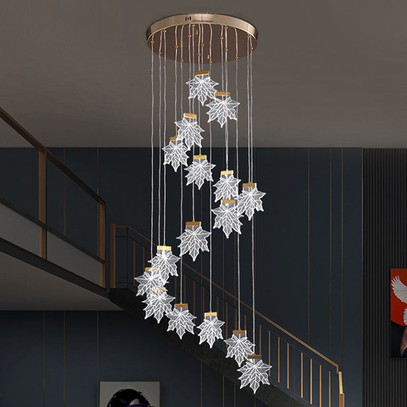 Maple Leaves Pendant Led Suspension Lamp - Simplicity Acrylic Gold Design For Stairs