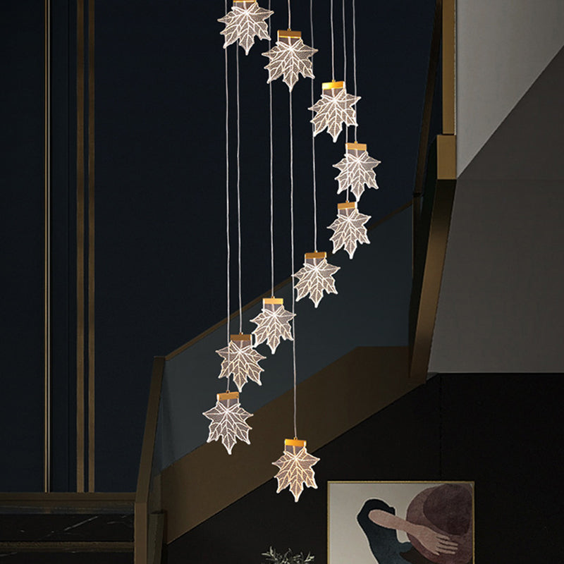 Maple Leaves Pendant Led Suspension Lamp - Simplicity Acrylic Gold Design For Stairs