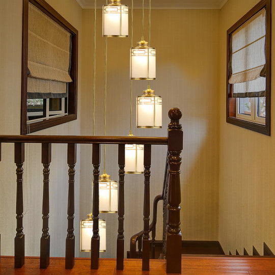 Frosted White Glass Pendant Lamp With Modern Brass Finish - Multiple Hanging Lights For Duplex House