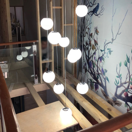 Simplicity Silver Glass Pendant Chandelier - Cream Spherical Design For Lobby Stairs Ceiling Hang