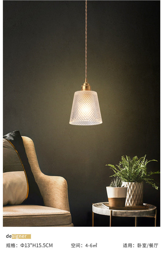 Modern Brass Bedside Pendant Lamp With Clear Glass Shade - Single-Bulb Pendulum Light