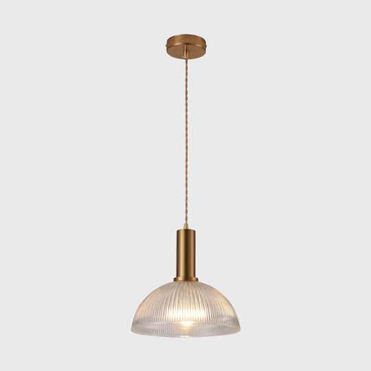 Sleek Single-Bulb Hanging Lamp With Ribbed Glass Shade: Elegant Pendant Light For Bedrooms Brass /