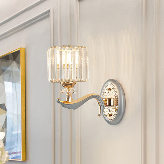 Modern Silver Cylinder Sconce With Clear Crystal Shade - Flush Mount Wall Light 1 /