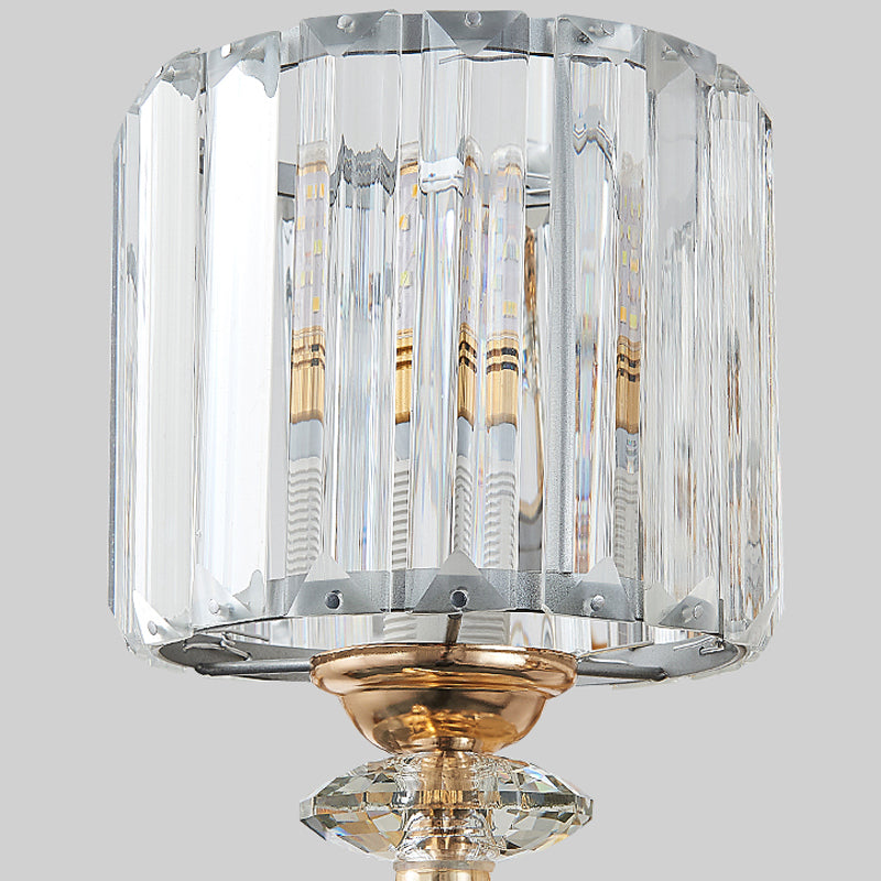 Modern Silver Cylinder Sconce With Clear Crystal Shade - Flush Mount Wall Light