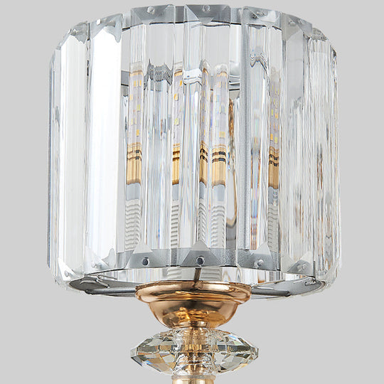 Modern Silver Cylinder Sconce With Clear Crystal Shade - Flush Mount Wall Light