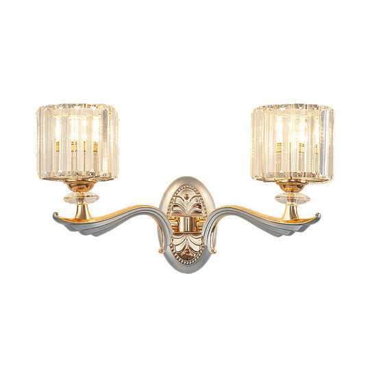 Modern Silver Cylinder Sconce With Clear Crystal Shade - Flush Mount Wall Light