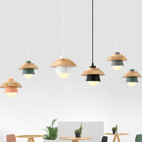 Nordic Saucer Dining Room Lamp - Metal And Wood Pendant Light
