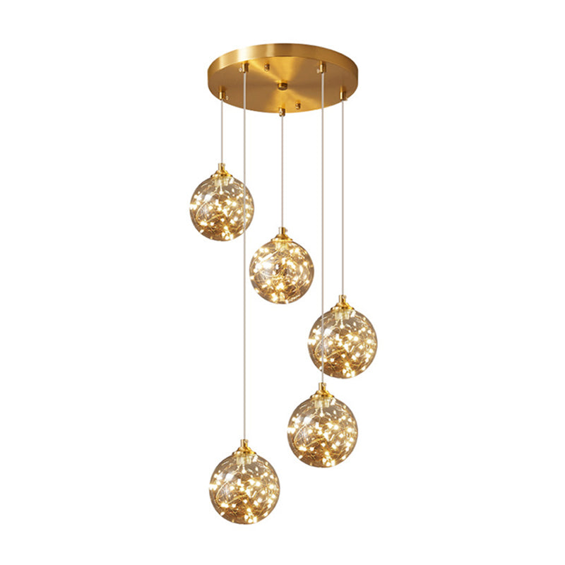 Amber Glass Led Pendant Lamp With Brass Finish - Nordic Style Lighting For Bedroom