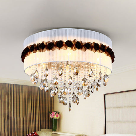 Vintage 6-Light Circle Flushmount With Crystal Bead Decoration - White Fabric Bedroom Ceiling Light