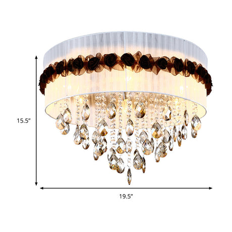 Vintage 6-Light Circle Flushmount With Crystal Bead Decoration - White Fabric Bedroom Ceiling Light