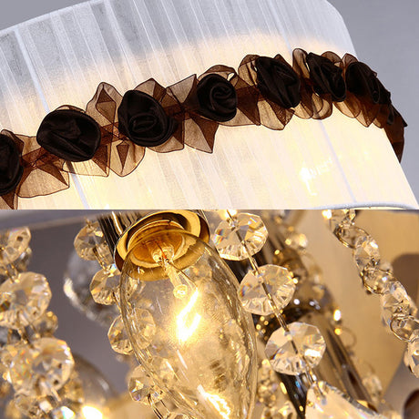 Vintage 6-Light Circle Flushmount With Crystal Bead Decoration - White Fabric Bedroom Ceiling Light