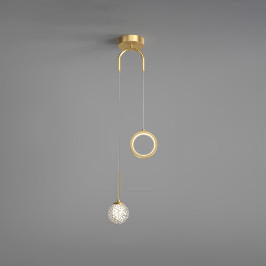 Minimalist Gold Glass Ball & Ring Led Pendant - 2-Light Starry Suspension Light For Bedroom / Remote