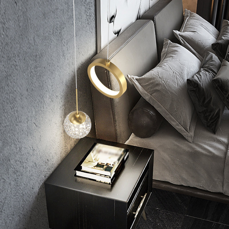 Minimalist Gold Glass Ball & Ring Led Pendant - 2-Light Starry Suspension Light For Bedroom