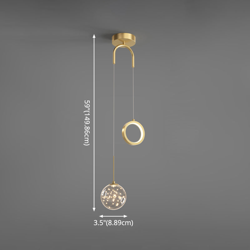 Minimalist Gold Glass Ball & Ring Led Pendant - 2-Light Starry Suspension Light For Bedroom