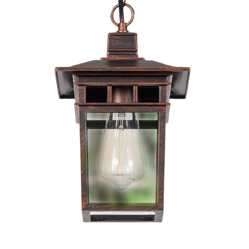 Industrial Lantern Hanging Pendant Lamp - Metal & Clear Glass 1 Light Outdoor Porch Lighting In