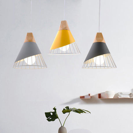 Nordic Solid Wood Macaroon Pendant Lamp With Iron Hollow Shade For Bedroom