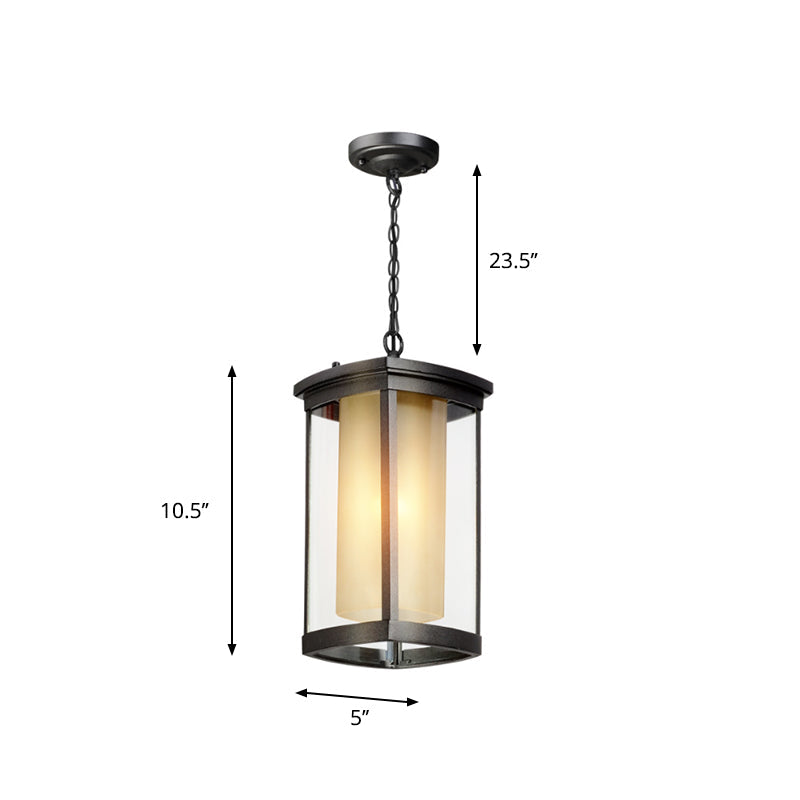Black Outdoor Pendant Light With Double Glass Shade For Courtyard - 1 Various Widths