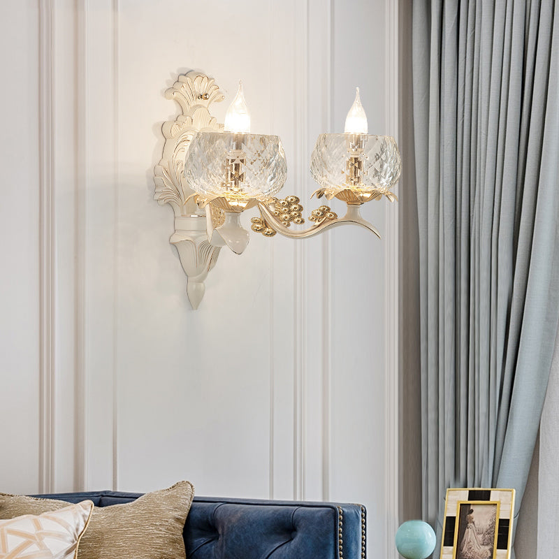 Vintage Carved Arm Wall Sconce With Clear Glass Lampshade - White