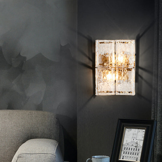 Modern Gold Wall Sconce Light With Clear Water Glass Shade - 2 Lights For Bedroom