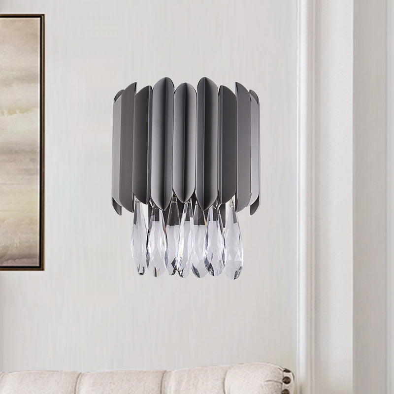 Modern Black K9 Crystal Teardrop Wall Lighting Fixture - 2 Lights Bedroom Mount