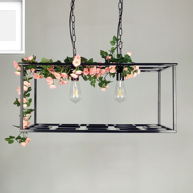 Vintage Metallic Rectangle Cage Hanging Lamp With Flower Decoration And 2 Bulbs - Black Ceiling