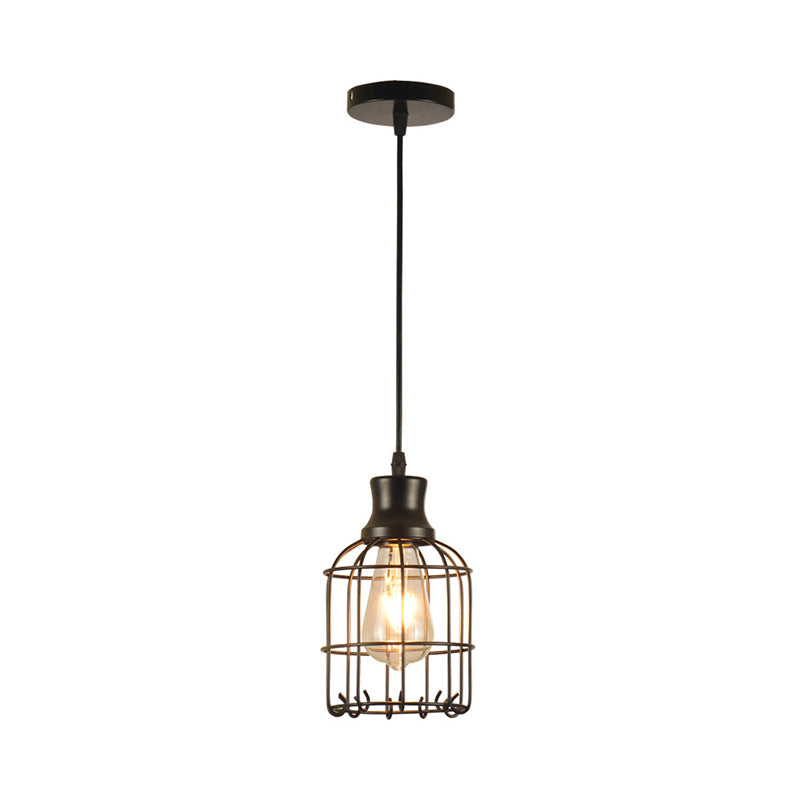 Industrial Black Metal Bird Cage Pendant Lamp - 1-Light Ceiling Light For Table