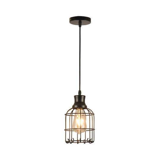 Industrial Black Metal Bird Cage Pendant Lamp - 1-Light Ceiling Light For Table