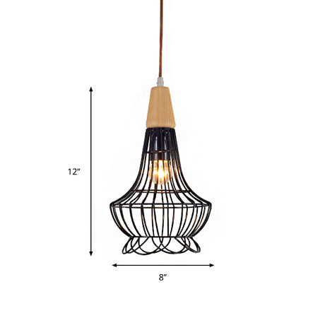 Vintage Metallic Cage Pendant Lamp With Black Finish And One Head For Ceiling Hanging -