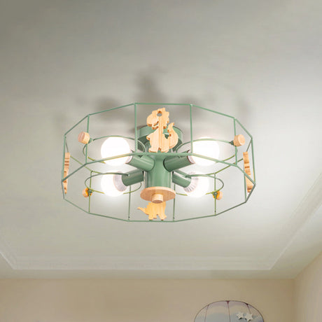 Semi Mount Metal Drum Cage Ceiling Lamp With Dinosaur Decoration - Green Finish 4 Lights