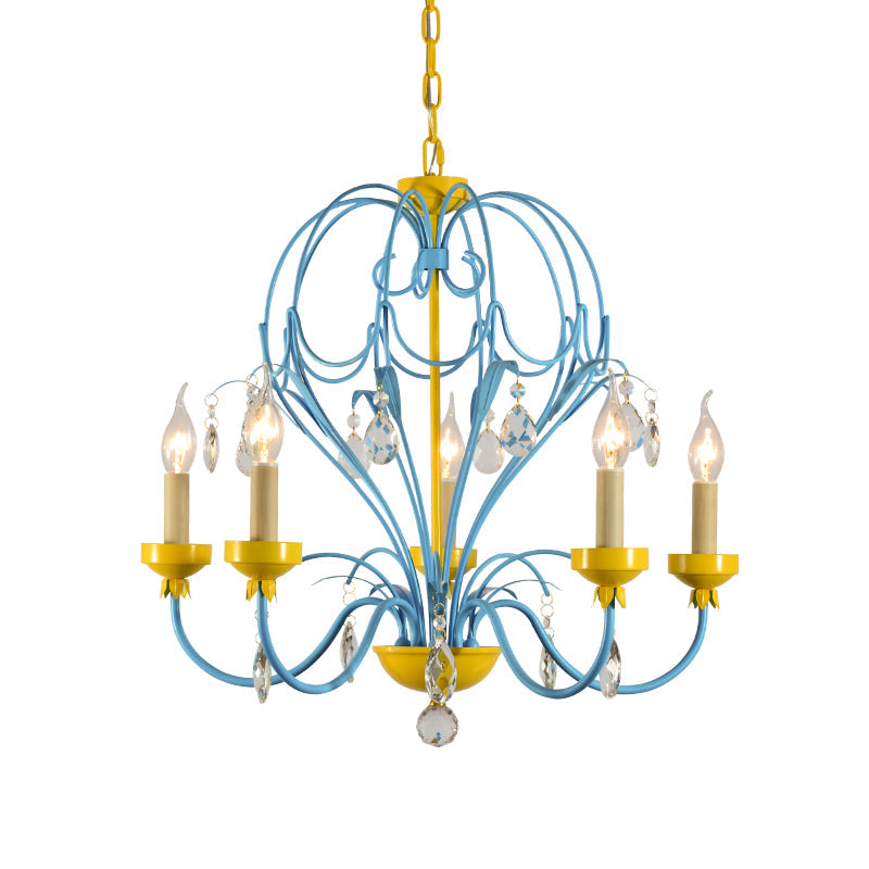 Children’s Macaron Candle Chandelier Lamp With Crystal Drop - Yellow/Blue Metallic Finish 5 Lights