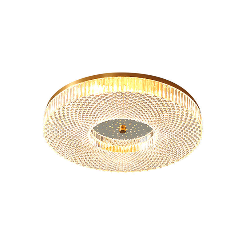 Modern Brass Led Flush Mount Ceiling Light With Crystal Lattice Detail - Minimalist Bedroom Fixture
