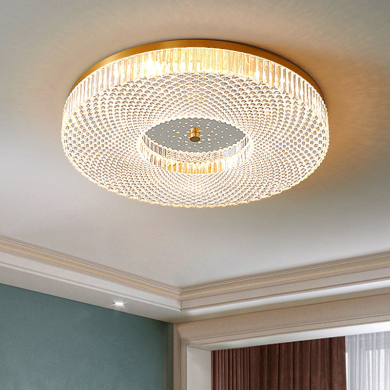 Modern Brass Led Flush Mount Ceiling Light With Crystal Lattice Detail - Minimalist Bedroom Fixture