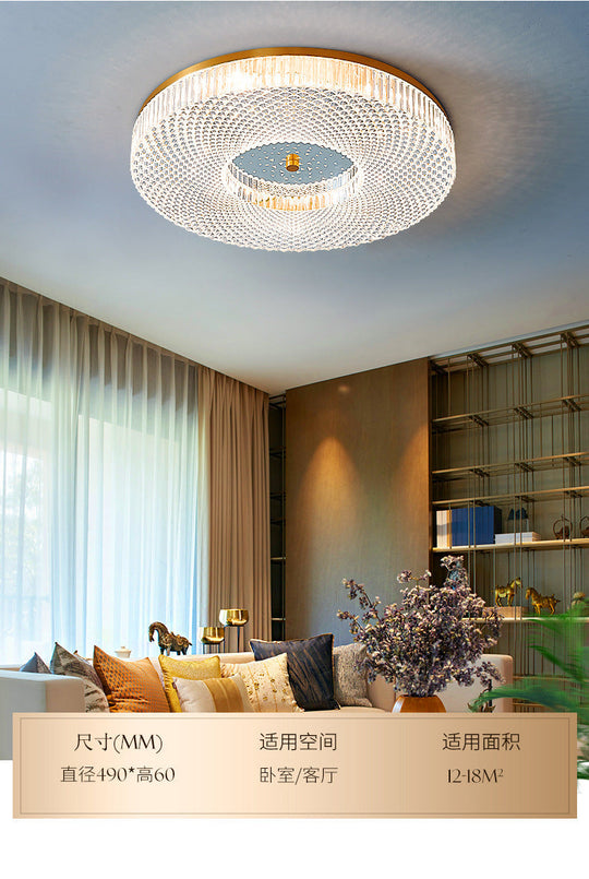 Modern Brass Led Flush Mount Ceiling Light With Crystal Lattice Detail - Minimalist Bedroom Fixture