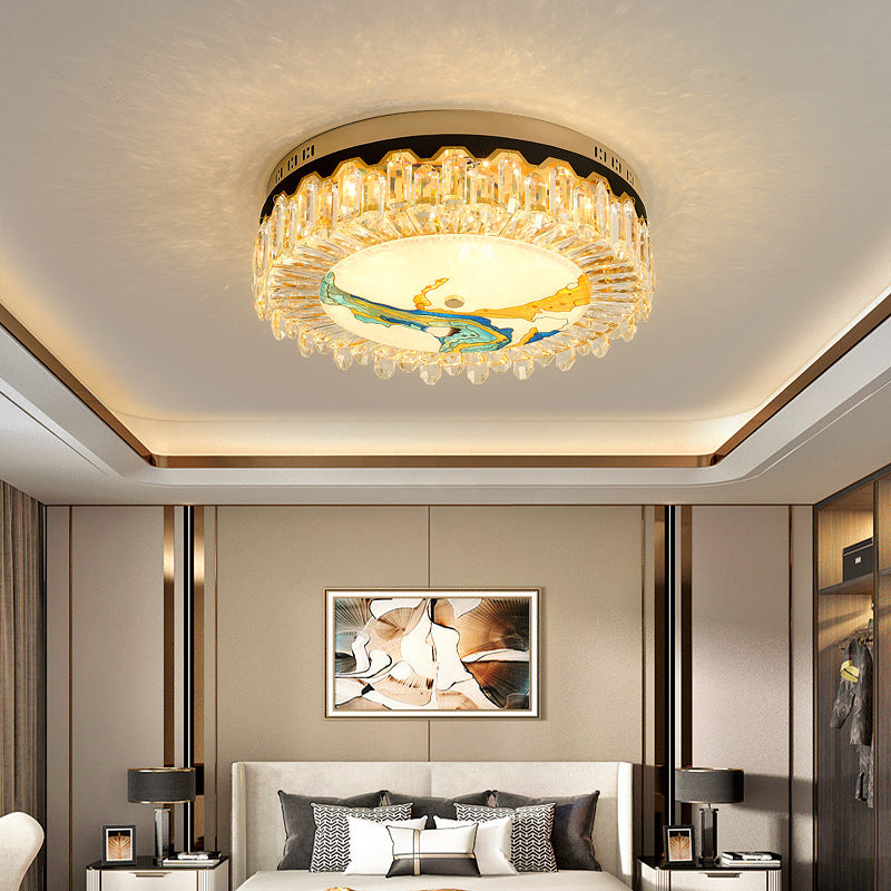 Modern Crystal Block Drum Flush Mount Led Ceiling Light For Bedroom In Brass Finish