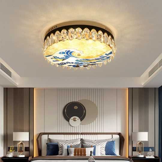 Modern Crystal Block Drum Flush Mount Led Ceiling Light For Bedroom In Brass Finish