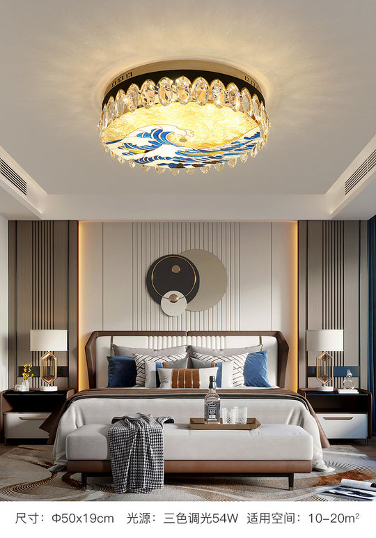 Modern Crystal Block Drum Flush Mount Led Ceiling Light For Bedroom In Brass Finish