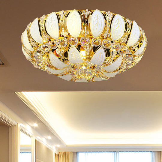 23.5’/31.5’ Contemporary Crystal And Glass Round Flush Ceiling Light With Leaf Pattern In Gold
