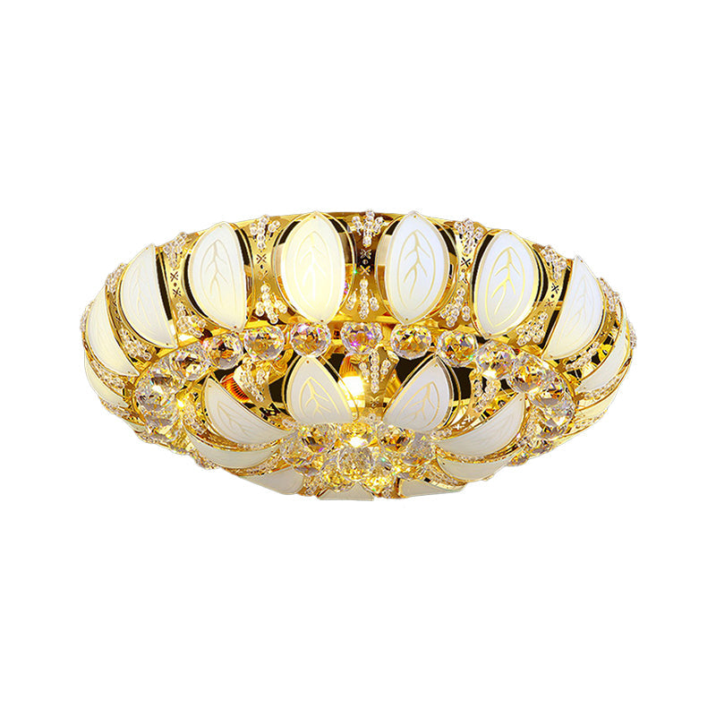 23.5’/31.5’ Contemporary Crystal And Glass Round Flush Ceiling Light With Leaf Pattern In Gold