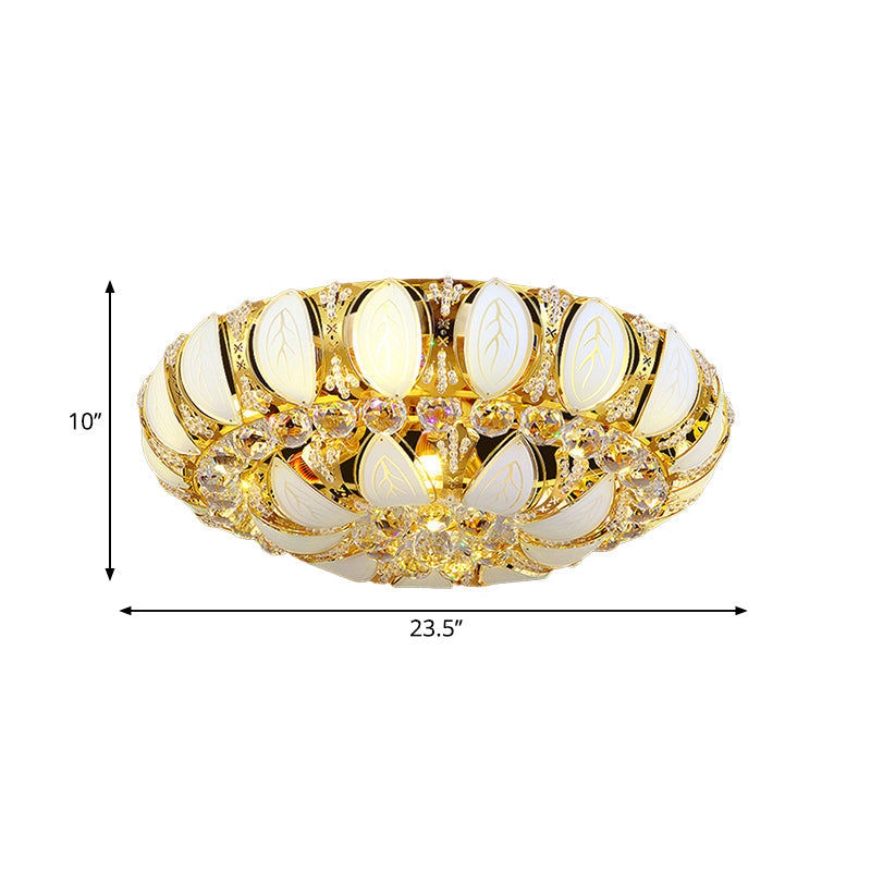 23.5’/31.5’ Contemporary Crystal And Glass Round Flush Ceiling Light With Leaf Pattern In Gold