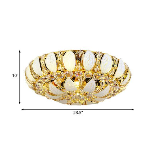 23.5’/31.5’ Contemporary Crystal And Glass Round Flush Ceiling Light With Leaf Pattern In Gold