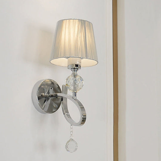 Modern Bedroom Wall Sconce: Cone Shade Fabric 1-Head Light With Clear Crystal Ball Deco - Silver