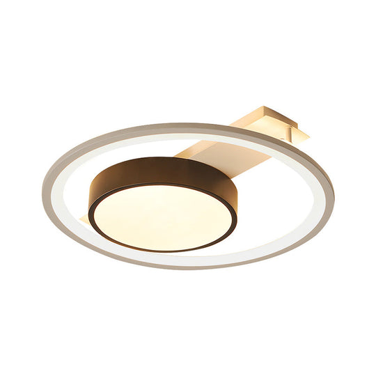 Modern Black And White Led Ceiling Light: Simple Drum Flush Lamp With Halo Ring 16’/19.5’ Wide