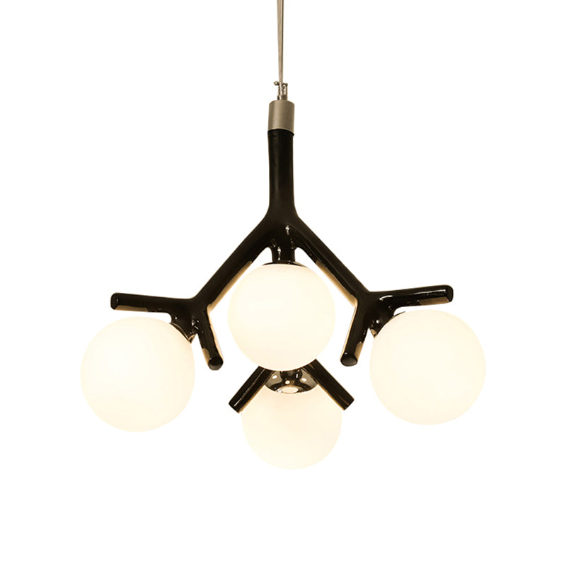 Contemporary Global 4-Light White Glass Chandelier With Branch Design - Hanging Ceiling Fixture In