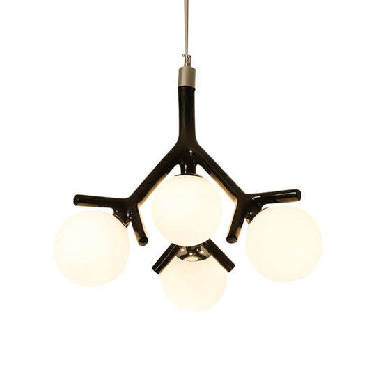 Contemporary Global 4-Light White Glass Chandelier With Branch Design - Hanging Ceiling Fixture In